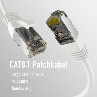 Câble de raccordement RJ45 CAT8.1 BLANC 1 m S/FTP PIMF LSZH 2000 MHz 40 Go Câble réseau